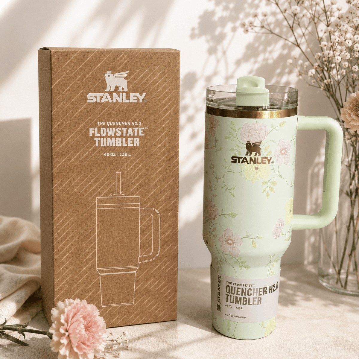 Stanley Vintage Floral Mint Green 40oz Quencher H2.0 Tumbler