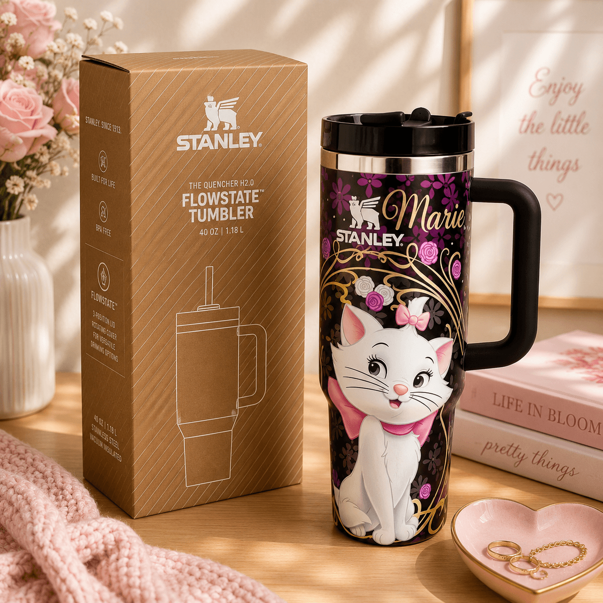 Elegant Blossom Cat Insulated Tumbler